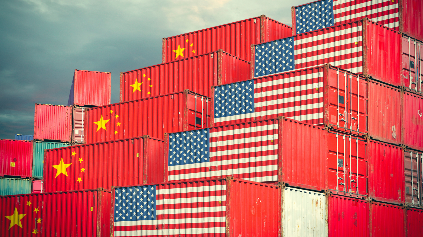 ship containers with china and us flags